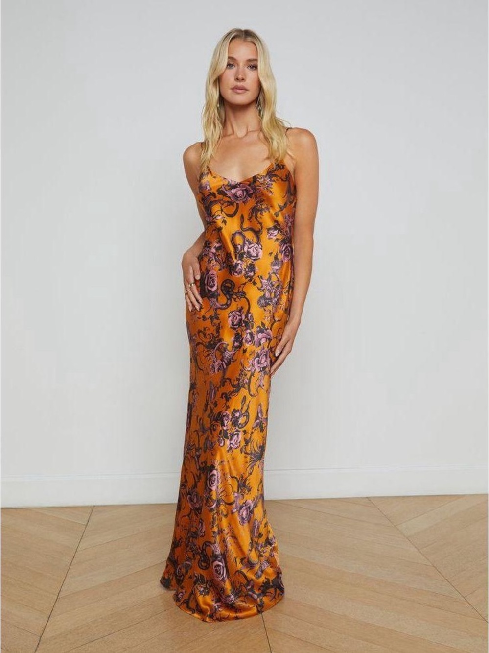 NWT L'Agence Serita Maxi V Neck Silk Bias Dress in Orange